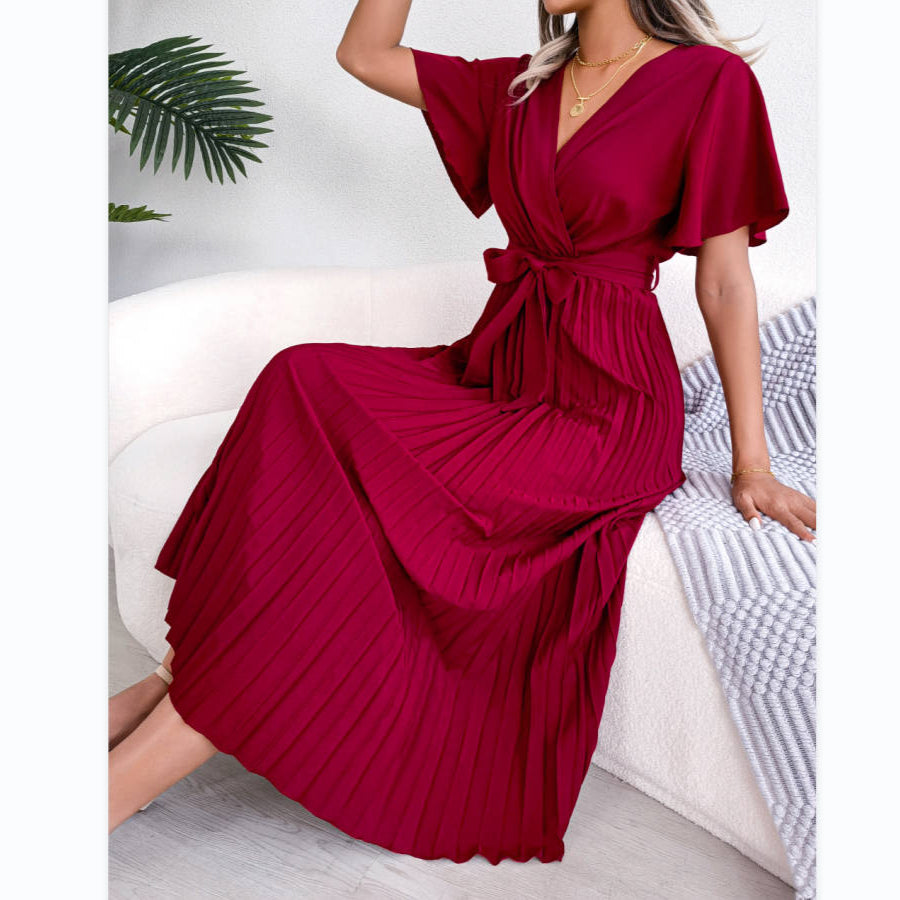 Cross V-Neck Flared Sleeve Tie-Up Pleated Dress Wholesale Dresses