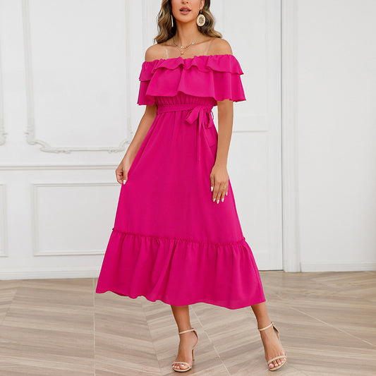 Solid Color Off-Shoulder Lace-Up Waist Mid-Length Ruffle Swing Dress Wholesale Dresses N5323021800028