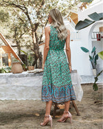 Fashion V Neck Print Bohemian Dress For Women Midi Sleeveless Wholesale Dresses