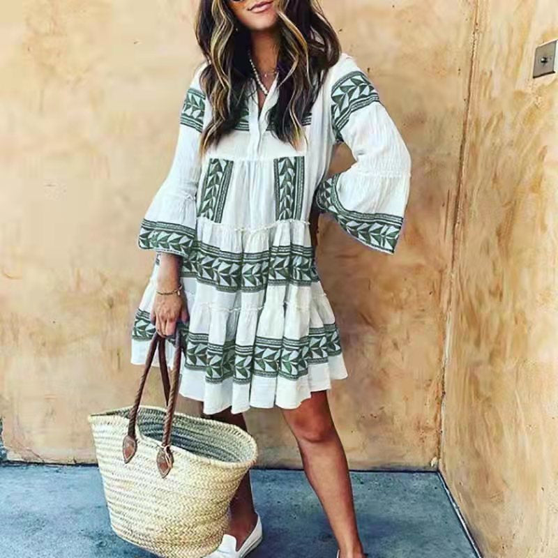 Ethnic Style Print Mid Sleeve Loose Smocked Dress Casual Wholesale Bohemian Dress For Women