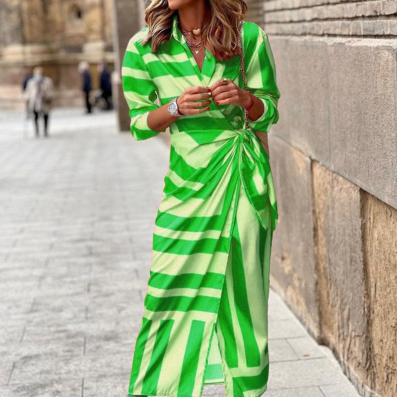 Folded Neck Ties Casual Long Sleeve Striped Print Maxi Dress Wholesale Dresses
