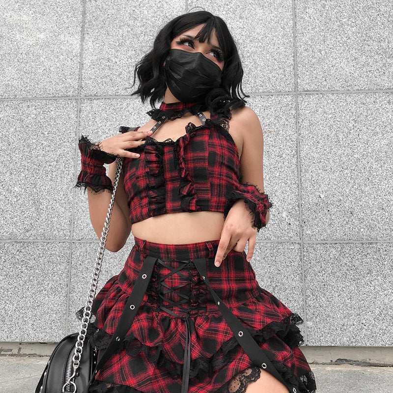 Dark Plaid Suspender Lace Splicing Strap Pleated Skirt Personality Suit Wholesale Women Clothing