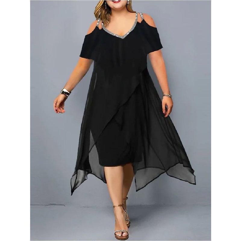 Solid Color Sling V-Neck Off-Shoulder Sleeve Chiffon Curvy Dresses Wholesale Plus Size Clothing