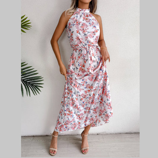 Sexy Halterneck Floral Maxi Dress Sleeveless Vacation Lace-Up Backless Swing Wholesale Dresses