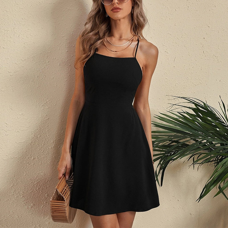 Women Fashion Sleeveless Sling Black Wholesale Swing Dresses Summer