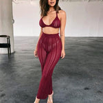 Sexy Resort Hollow Out Knitted Hanging Neck Halter Top & Pants Wholesale Womens 2 Piece Sets