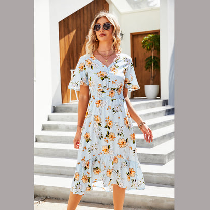 Floral Printed Short Sleeve Ruffle V Neck Wholesale Dresses Elastic Waist Vacation Dress Casual