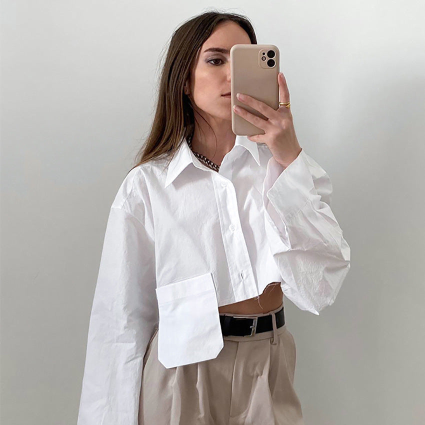 Fashion Casual Design Long Sleeve Blouse Asymmetrical Stitching Short Shirt Wholesale Women Clothing