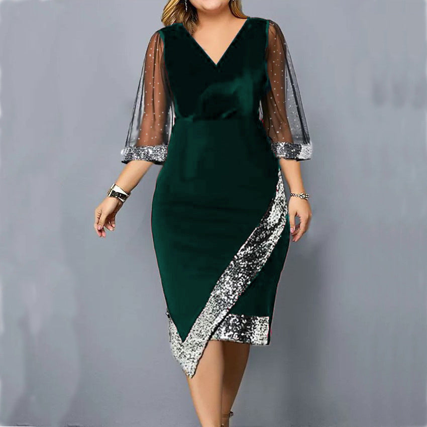 Irregular Sequin See-Through Mesh Velvet Dress Wholesale Dresses