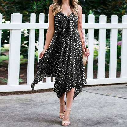 Sexy V Neck Sling Swing Dress Retro Polka Dot Adjustable Shoulder Straps Irregular Wholesale Dresses