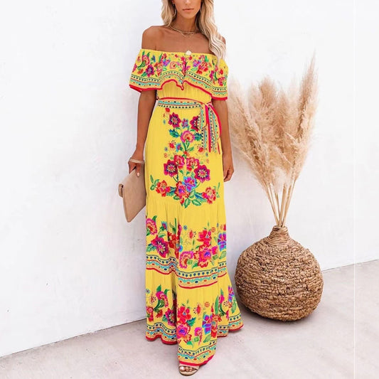 Off-Shoulder Collar Ethnic Style Printed Long Lace-Up Bohemian Dress Wholesale Maxi Dresses