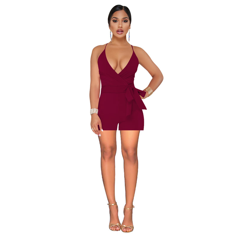 Sexy Solid Color Deep V Neck Tieback Sling Jumpsuits Fashion Open Back Crossover Wholesale Rompers