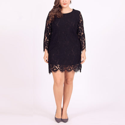 Solid Color Round Neck Curvy Lace Dresses Wholesale Plus Size Clothing