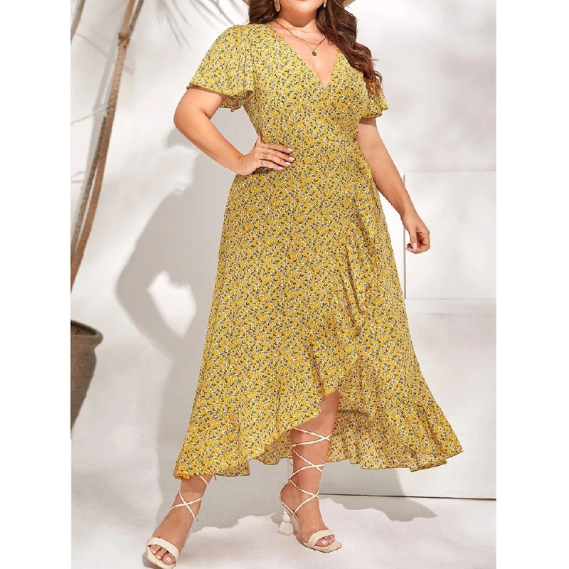 Wholesale Women'S Plus Size Clothing Floral Bohemian Ruffle Tie Short Sleeve Irregular Dress