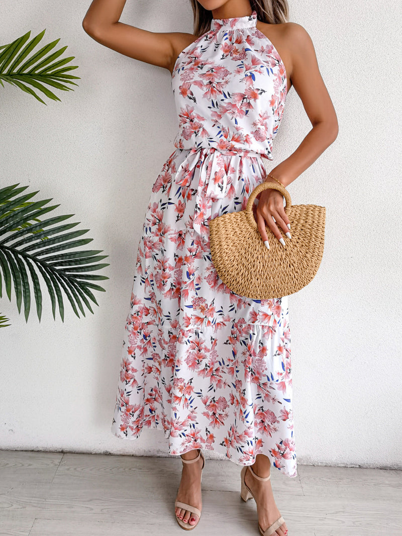Sexy Halterneck Floral Maxi Dress Sleeveless Vacation Lace-Up Backless Swing Wholesale Dresses