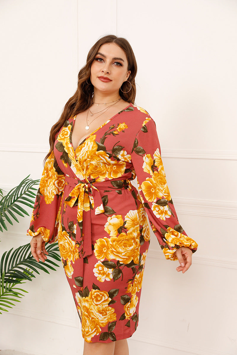 Floral Print Long Sleeve V Neck Tie Waist Wholesale Plus Size Dresses