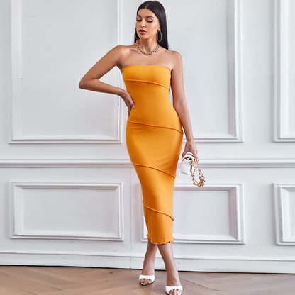 Solid Color Strapless Mid-Length Sexy Tube Top Dress Wholesale Dresses