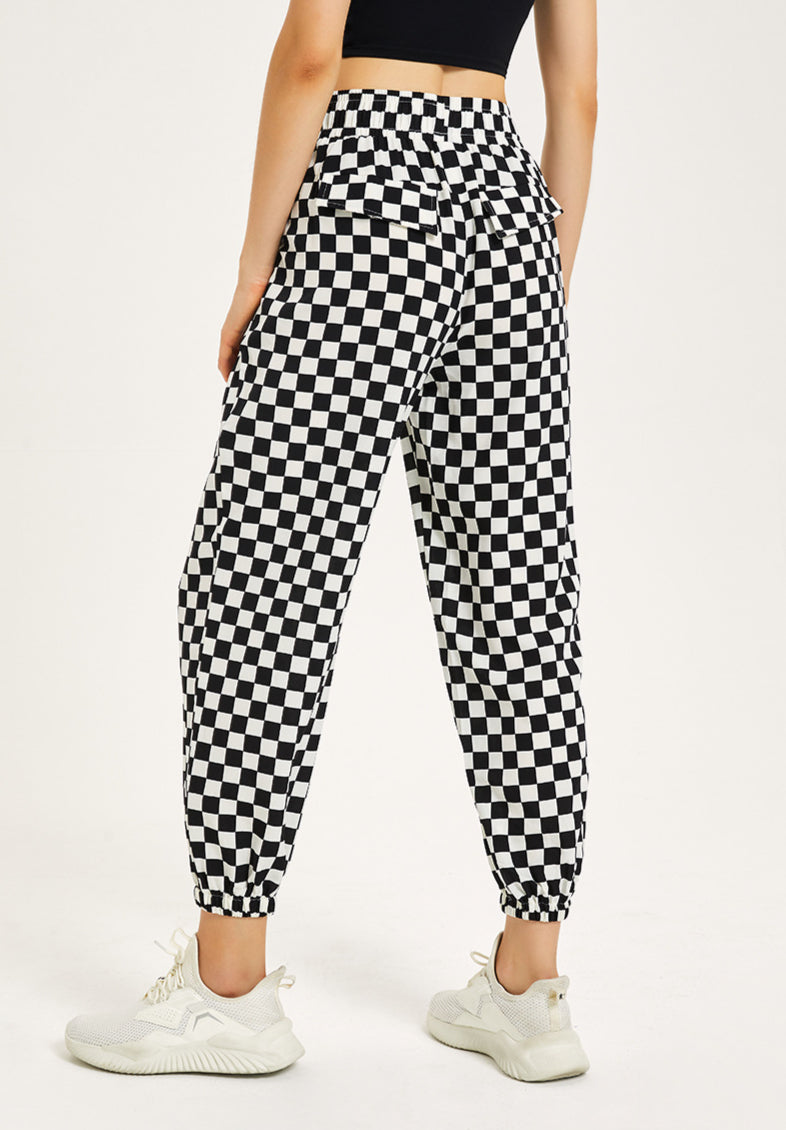 Casual Checkerboard High Waist Drawstring Loose Exercise Running Pants Wholesale Activewear