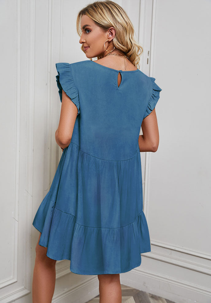 Solid Color Round Neck Ruffle Sleeve Casual Smocked Dress Wholesale Dresses