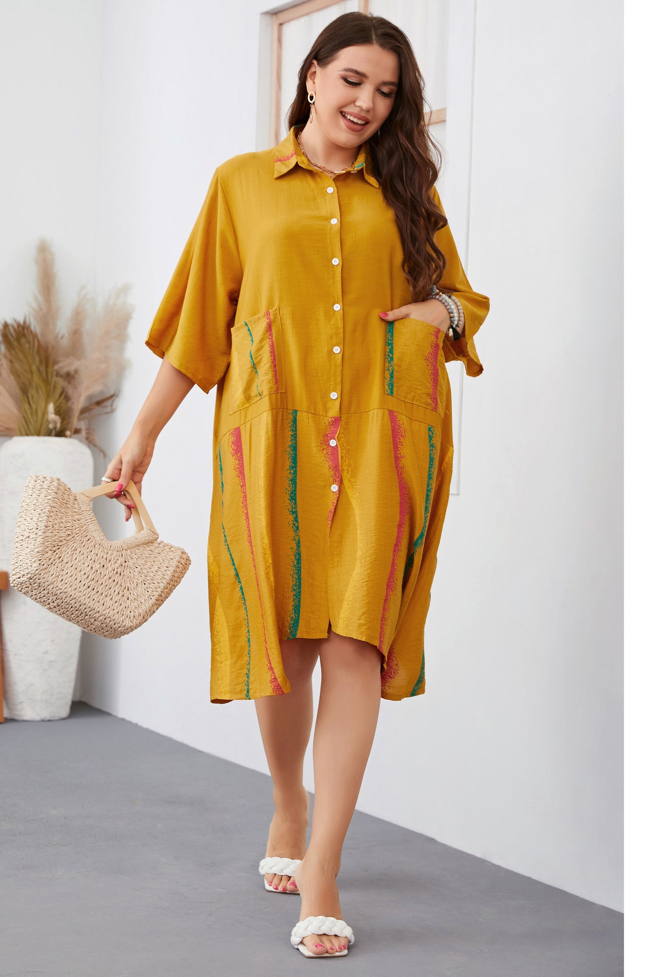 Fashion Irregular Lapel Half Sleeve Shirt Dress Solid Color Single-Breasted Dresses Loose Wholesale Plus Size Clothing