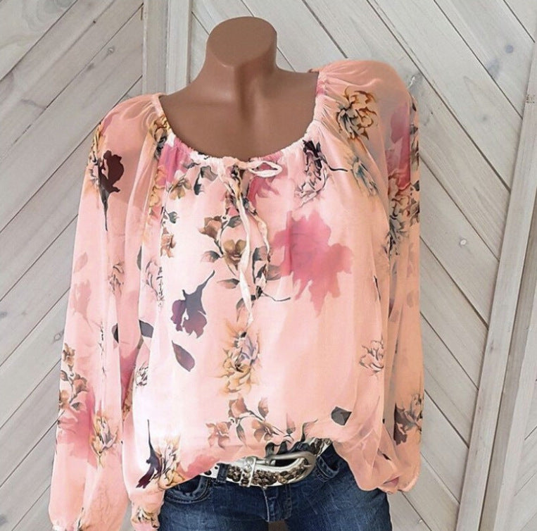 Casual Loose Chiffon Sexy Off Shoulder Floral Tops Lace-Up Wholesale Womens Long Sleeve T Shirts