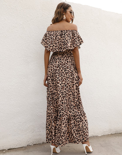 Leopard & Floral Printed Ruffled Off Shoulder Wide Lapel Resort Dress Wholesale Maxi Dresses