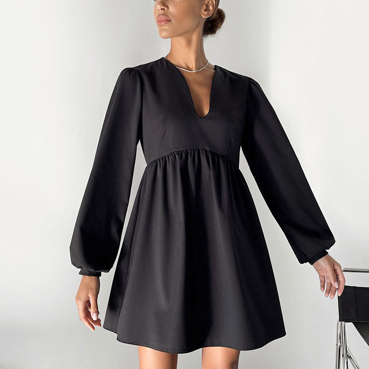 Commuting Simple V-Neck Lantern Sleeve Solid Color A-Line Dress Wholesale Dresses