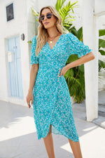 V-Neck Temperament Lantern Sleeve Asymmetric Floral Dress Wholesale Dresses