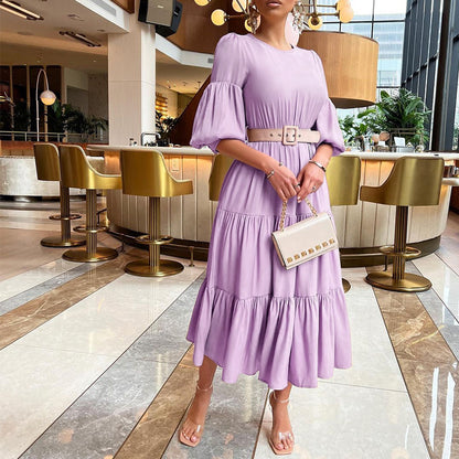 Solid Color Puff Sleeve Round Neck Smocked Dress Wholesale Dresses