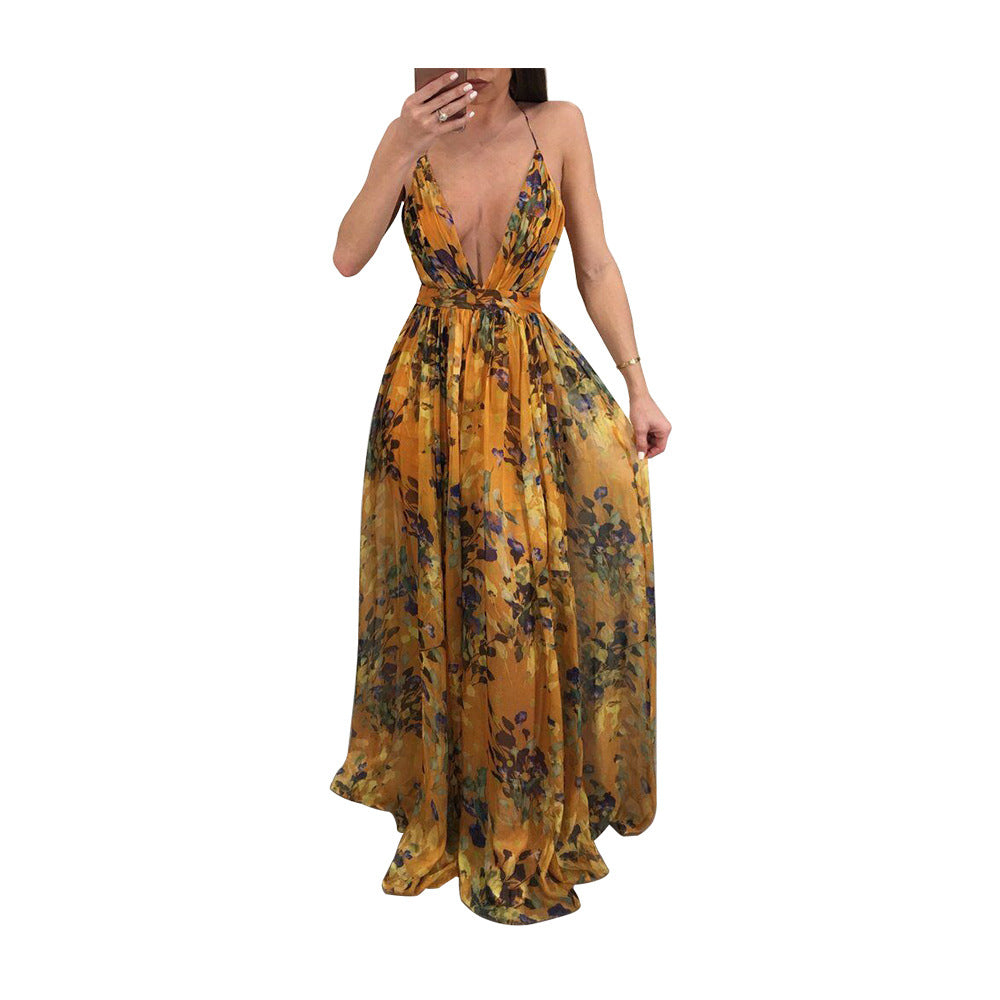 Fashion Print Deep V Neck Open Back Chiffon Beach Sling Wide Swing Dress Sexy Wholesale Maxi Dresses