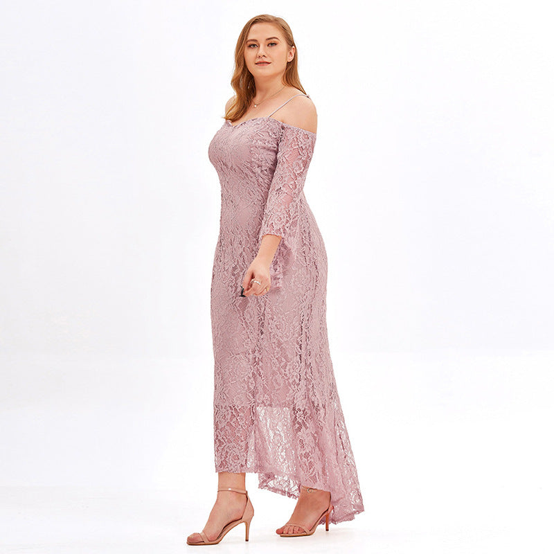 Sexy Suspenders Off-Shoulder Lace Dress Loose Evening Dresses Wholesale Plus Size Clothing