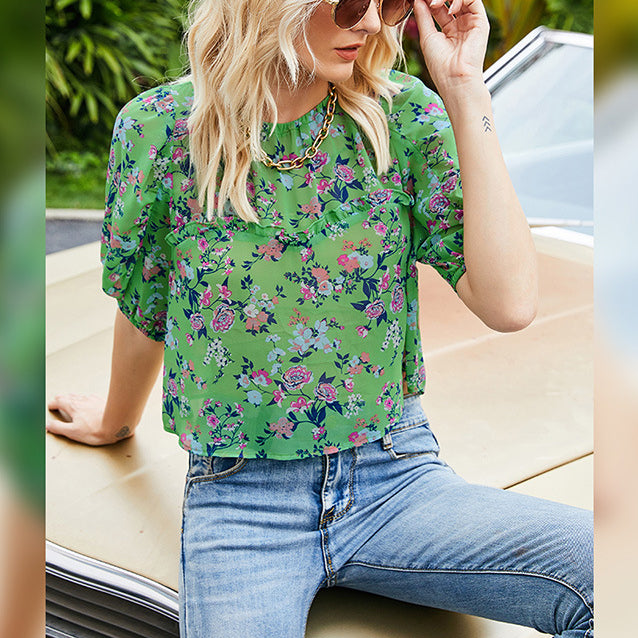 Summer Loose Chiffon Floral Print T-Shirt Round Neck Mid-Sleeve Wholesale Crop Tops