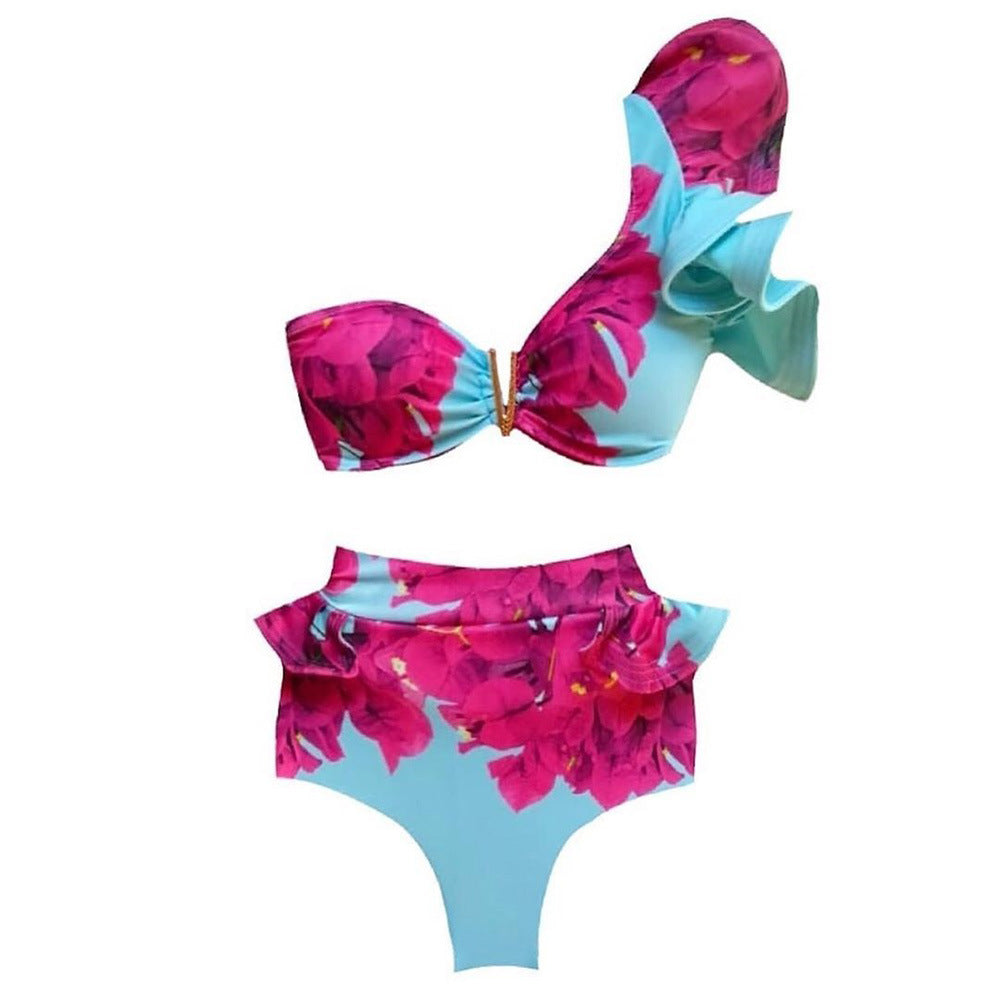 Printed Lace-Up Wide Ruffled 2pcs Bikini Sets Split Swimsuit Wholesale Womens Swimwear