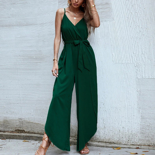 Casual Sling V-Neck Solid Color Wholesale Jumpsuits