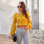 Puff Sleeve Floral Print Square Neck Wholesale Blouses for Women