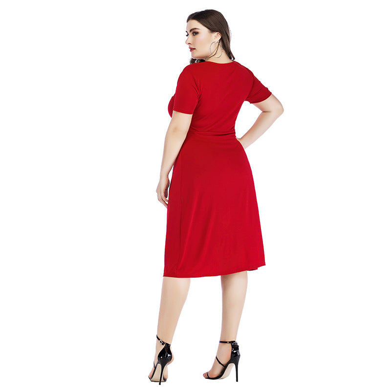 Short Sleeve V-Neck Slit Midi Curvy Dresses Wholesale Plus Size Clothing