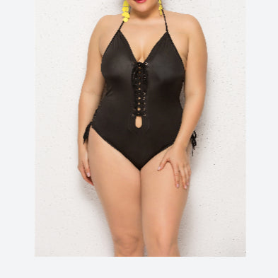 Solid Backless Lace-Up One-Piece Wholesale Swimsuits Plus Size