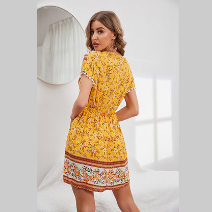 Women Fashion Floral Print V Neck Short Sleeve Wholesale Boho Dresses