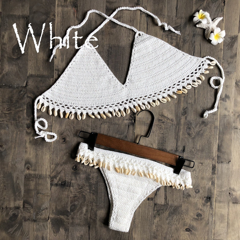 Cotton Woven Hand Crochet Sexy Womens Bikini Shell Split Swimsuit Wholesale Womens Swimwear