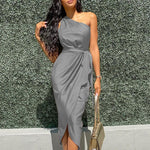 Slanted Shoulder Solid Color Slim Fit Lace-Up Wrap Midi Satin Dress Elegant Wholesale Dresses