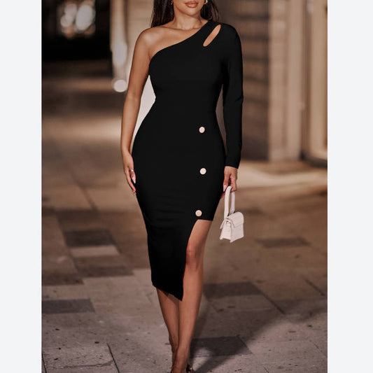 Sexy Slanted Shoulder Hollow Button Bodycon Dress Wholesale Dresses