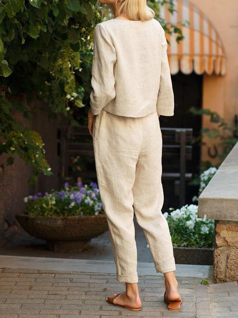 Solid Color Tops & Trousers Cotton Linen Suits Wholesale Women'S 2 Piece Sets