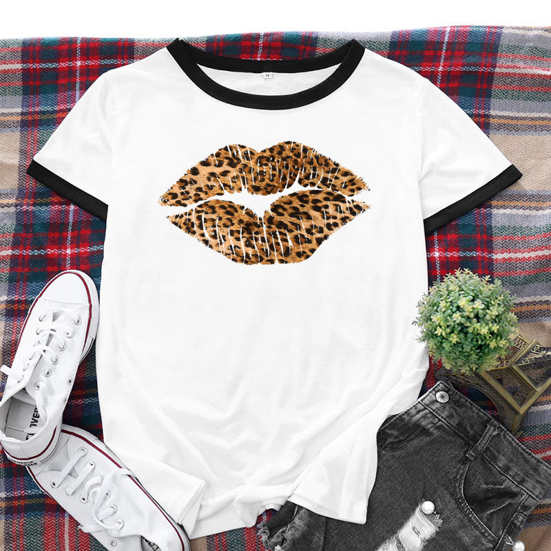 Patchwork Contrast Lip Leopard Print Tops Loose Short Sleeve Crew Neck Womens T Shirts Wholesale