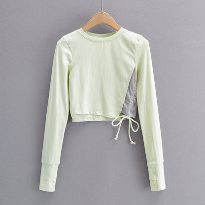 Side Drawstring Mesh Splicing Round Neck All-Match Long Sleeves Crop Top Wholesale Women Top