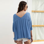 V-Neck Solid Color Lantern Sleeve Loose Pleated Womens Tops Casual Wholesale T Shirts