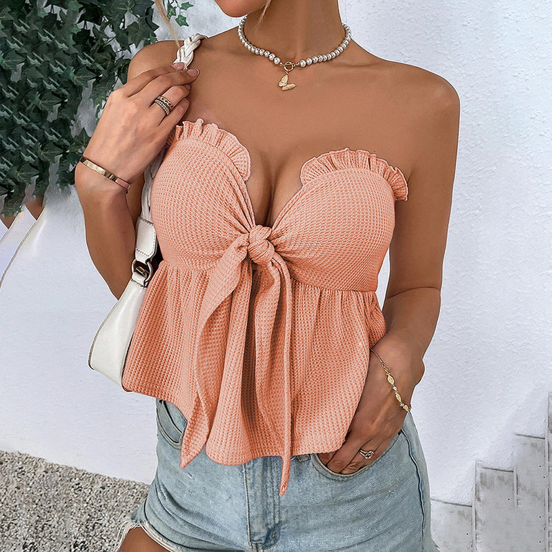 Waffle Pure Color Tube Top Strap Ruffle Off Shoulder Crop Tops Wholesale Women Tops
