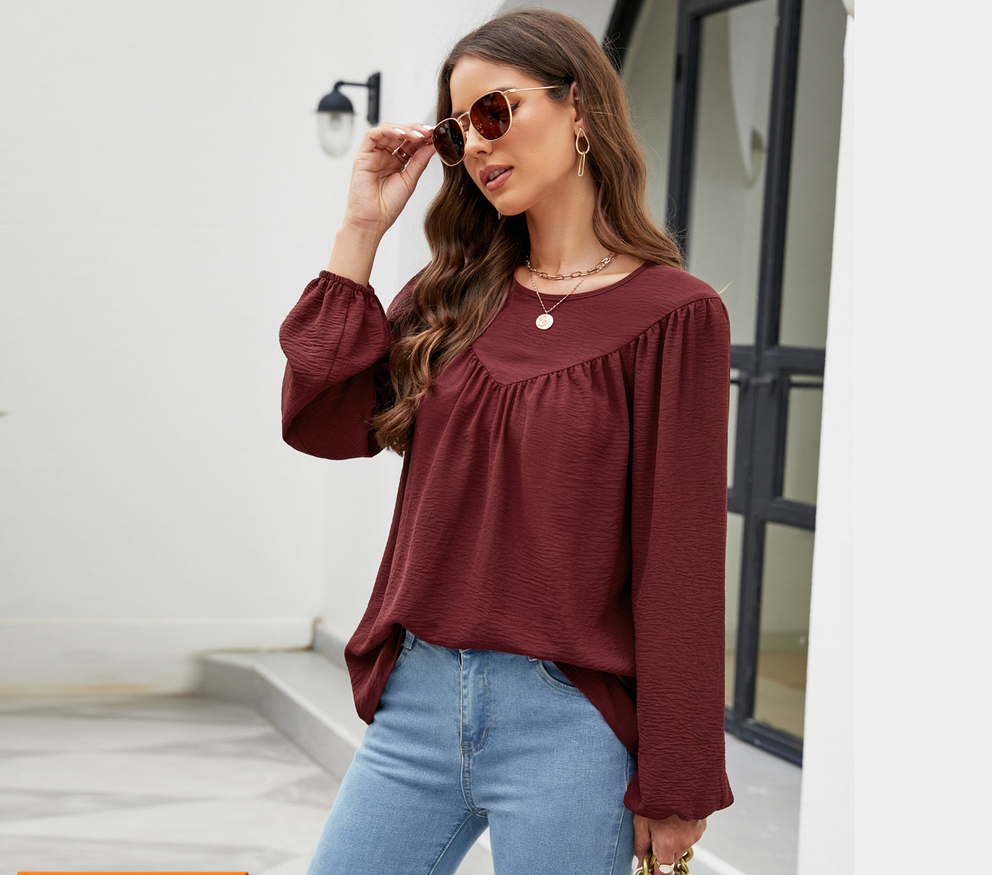 Chiffon Loose Solid Color Lantern Sleeve Tops Wholesale Womens Long Sleeve T Shirts