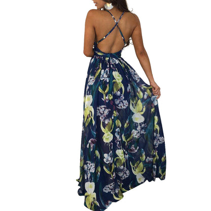 Fashion Print Deep V Neck Open Back Chiffon Beach Sling Wide Swing Dress Sexy Wholesale Maxi Dresses