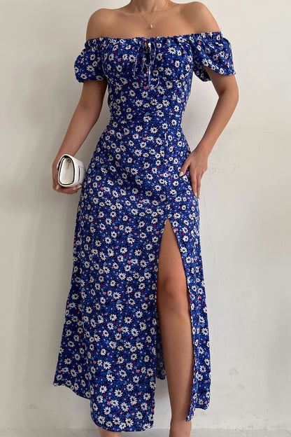 Sexy One Shoulder Short Sleeve Floral High Slit Dress Wholesale Dresses