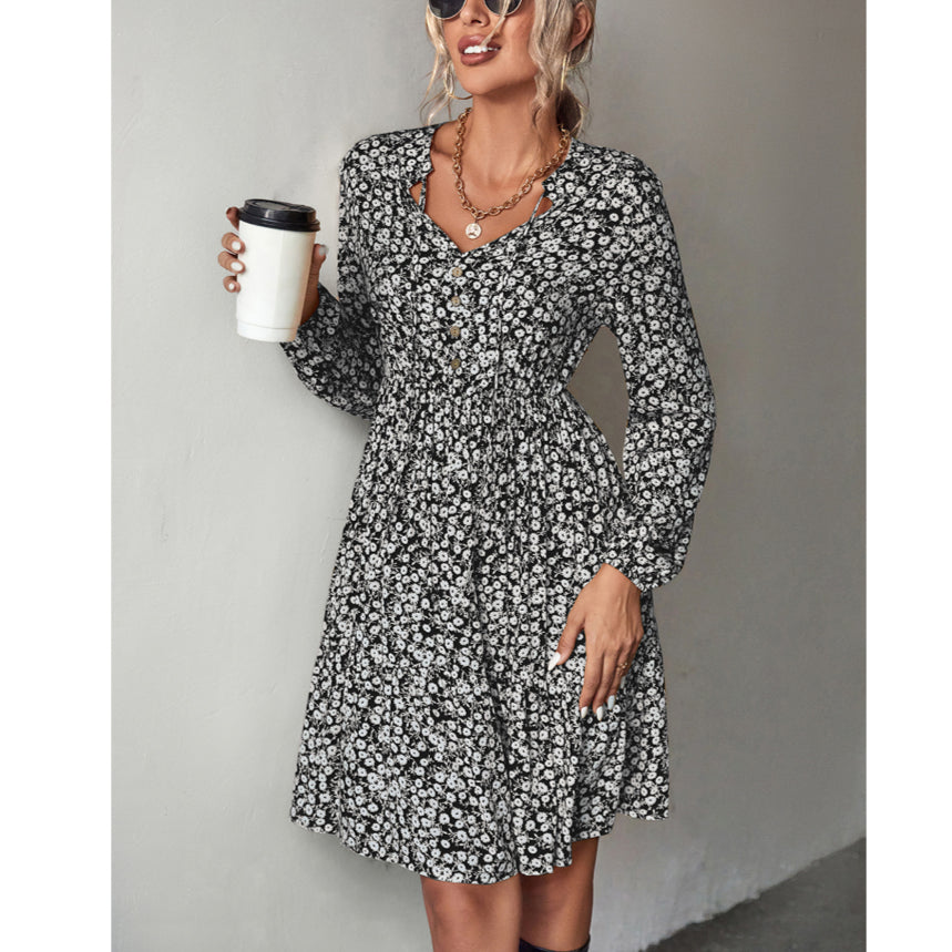 Casual Tie-Up Neck Long Sleeve Floral Dress Wholesale Dresses